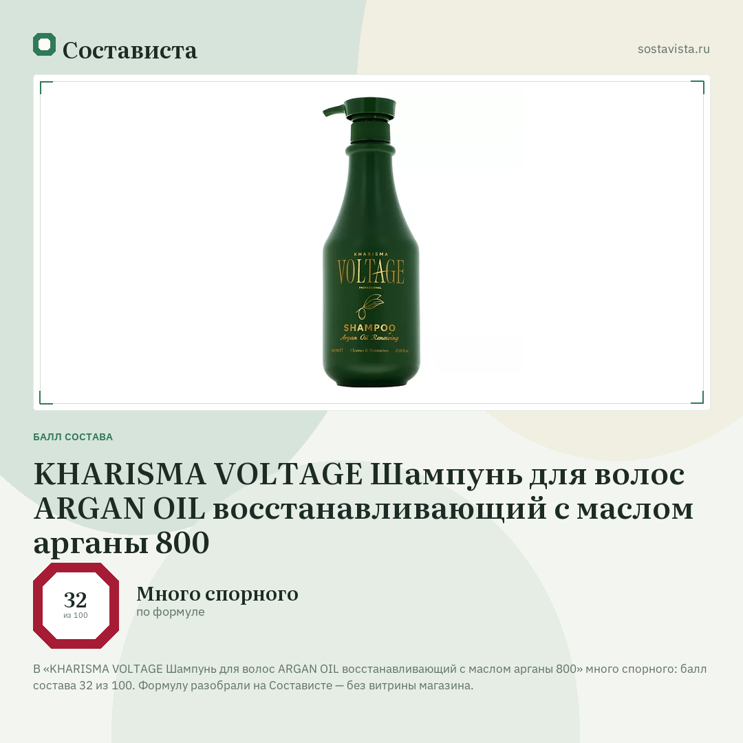 KHARISMA VOLTAGE Шампунь для волос ARGAN OIL восстанавливающий с маслом арганы 800: балл состава 32 из 100 — Состависта