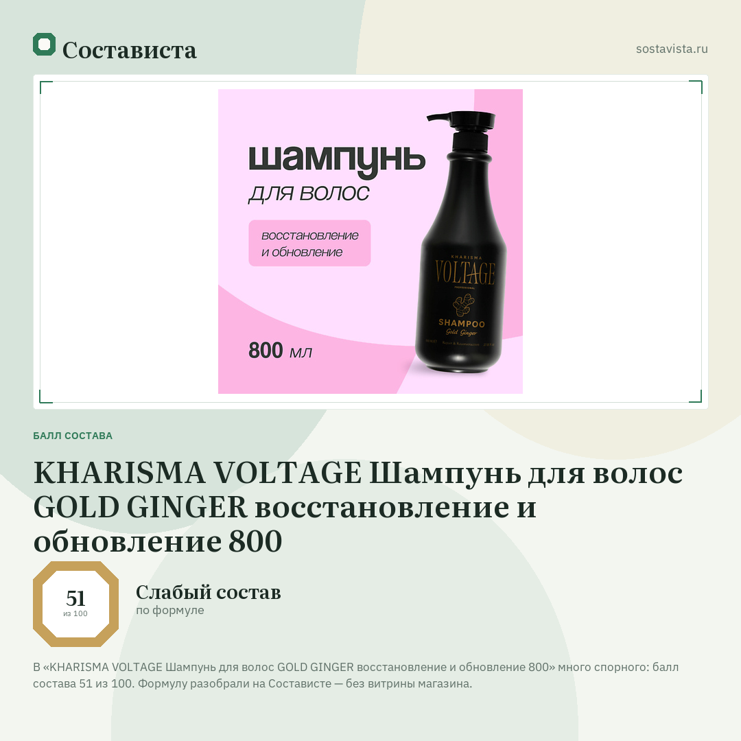 KHARISMA VOLTAGE Шампунь для волос GOLD GINGER восстановление и обновление 800: балл состава 51 из 100 — Состависта
