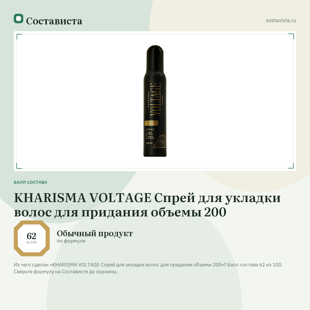 KHARISMA VOLTAGE Спрей для укладки волос для придания объемы 200: балл состава 62 из 100 — Состависта