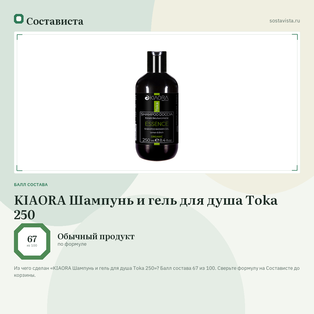 KIAORA Шампунь и гель для душа Toka 250: балл состава 67 из 100 — Состависта