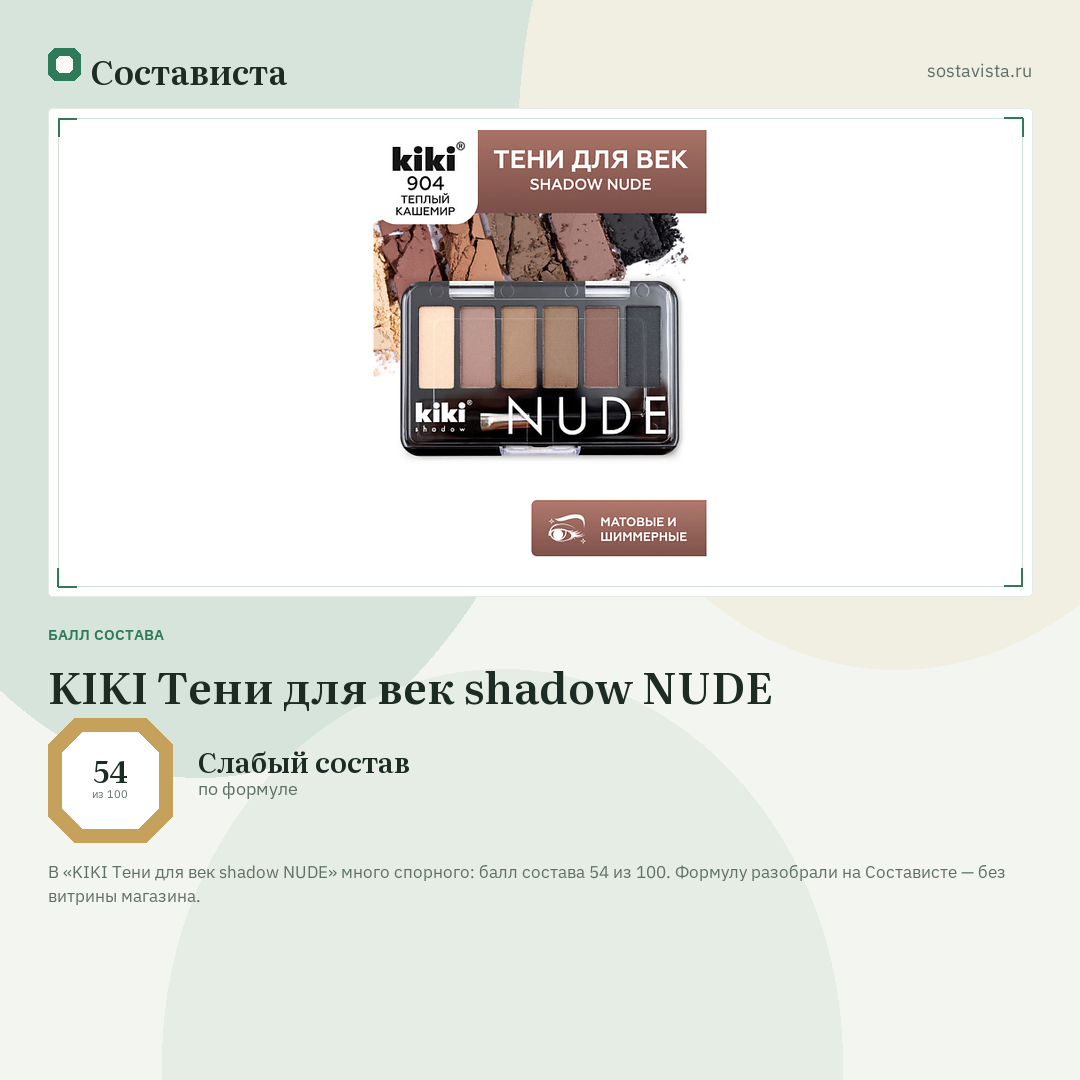 KIKI Тени для век shadow NUDE: балл состава 54 из 100 — Состависта