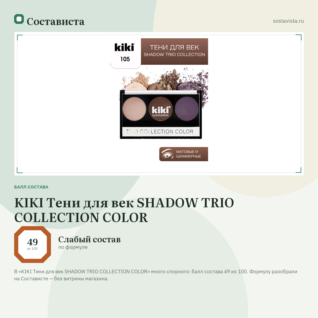 KIKI Тени для век SHADOW TRIO COLLECTION COLOR: балл состава 49 из 100 — Состависта