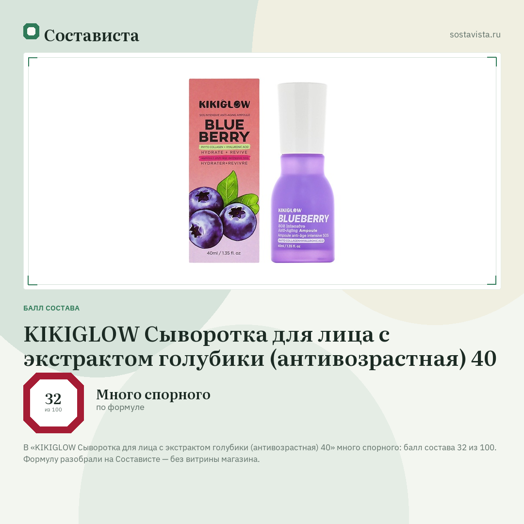 KIKIGLOW Сыворотка для лица с экстрактом голубики (антивозрастная) 40: балл состава 32 из 100 — Состависта