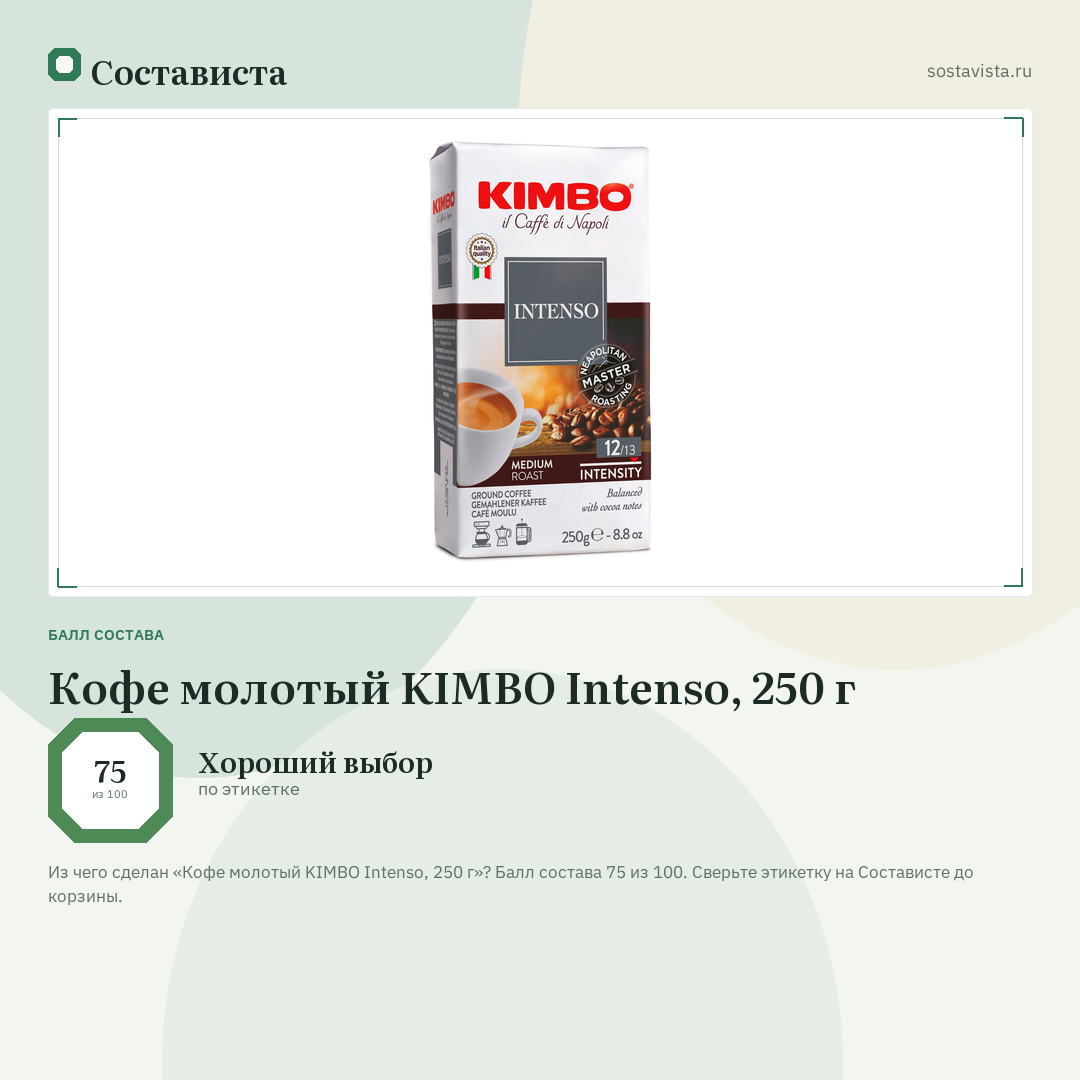 Кофе молотый KIMBO Intenso, 250 г: балл состава 75 из 100 — Состависта
