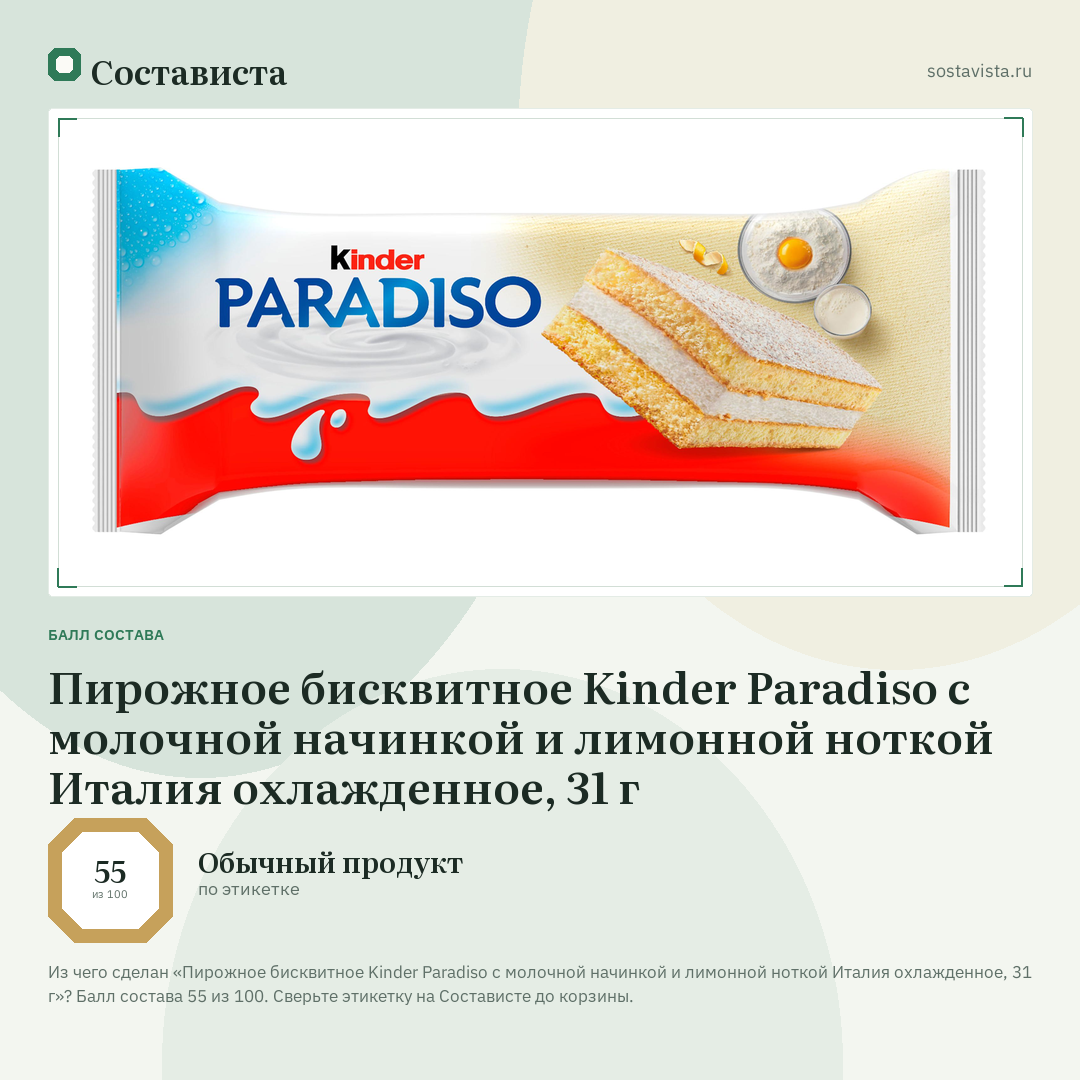 Пирожное бисквитное Kinder Paradiso с молочной начинкой и лимонной ноткой Италия охлажденное, 31 г: балл состава 55 из 100 — Состависта