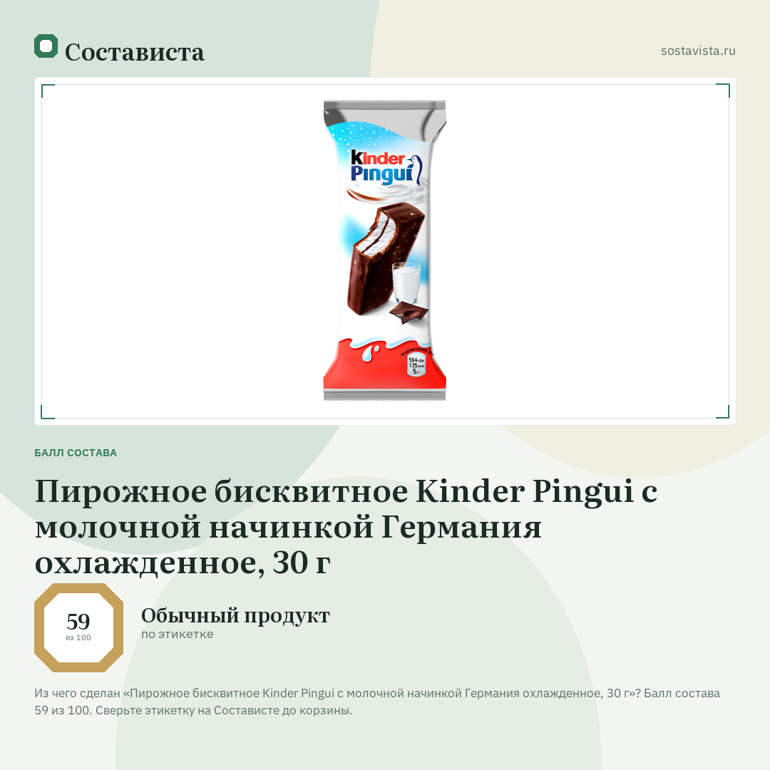 Пирожное бисквитное Kinder Pingui с молочной начинкой Германия охлажденное, 30 г: балл состава 59 из 100 — Состависта