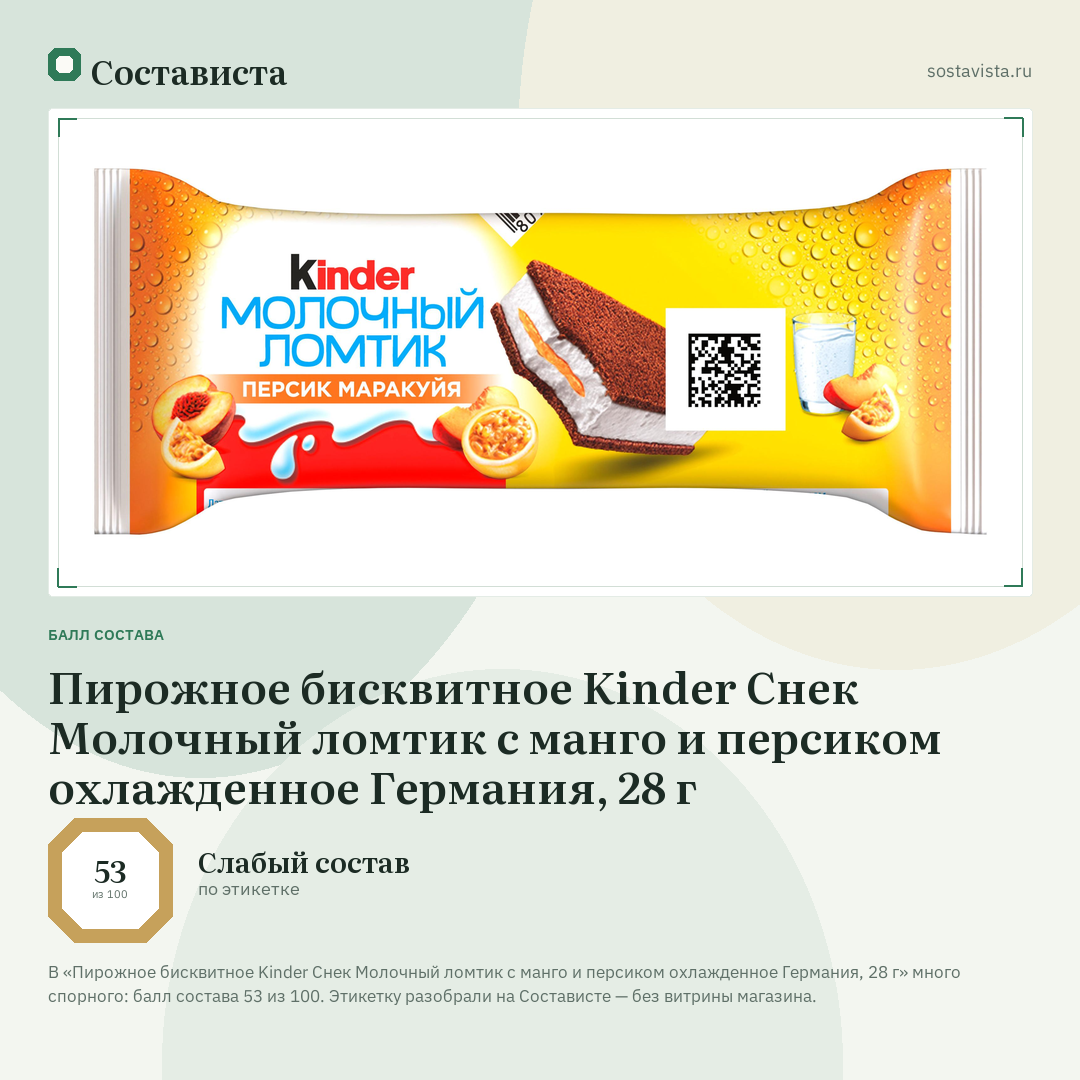 Пирожное бисквитное Kinder Снек Молочный ломтик с манго и персиком охлажденное Германия, 28 г: балл состава 53 из 100 — Состависта