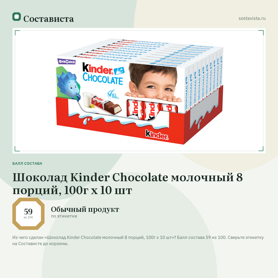 Шоколад Kinder Chocolate молочный 8 порций, 100г x 10 шт: балл состава 59 из 100 — Состависта