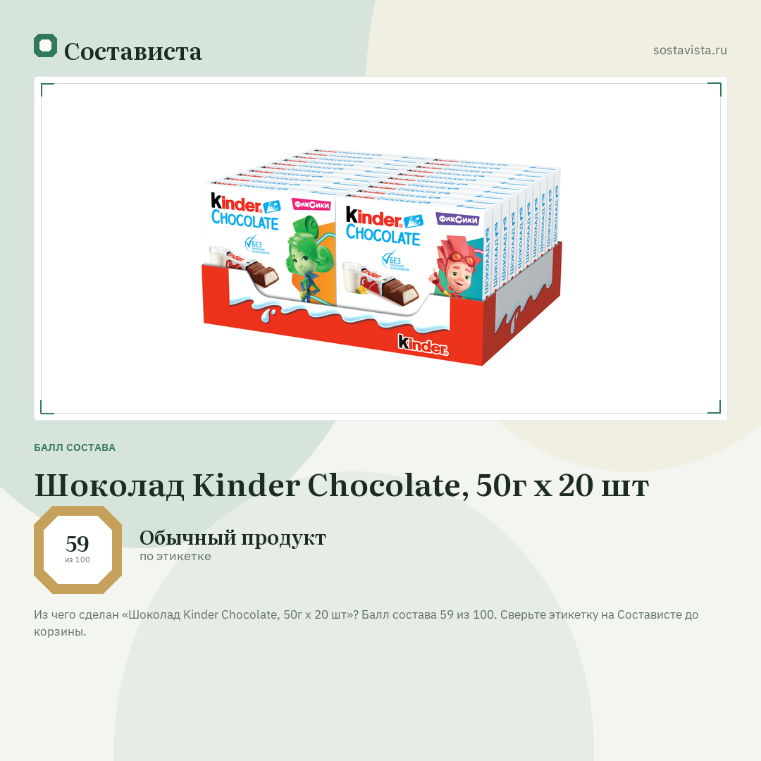 Шоколад Kinder Chocolate, 50г x 20 шт: балл состава 59 из 100 — Состависта