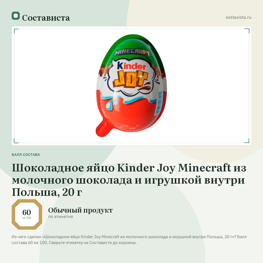Шоколадное яйцо Kinder Joy Minecraft из молочного шоколада и игрушкой внутри Польша, 20 г: балл состава 60 из 100 — Состависта