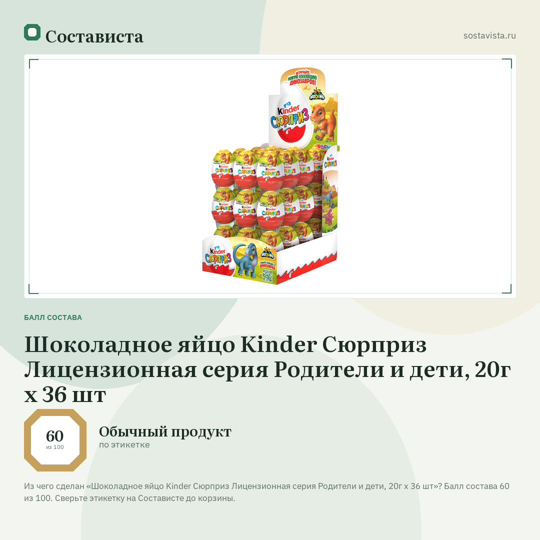 Шоколадное яйцо Kinder Сюрприз Лицензионная серия Родители и дети, 20г x 36 шт: балл состава 60 из 100 — Состависта