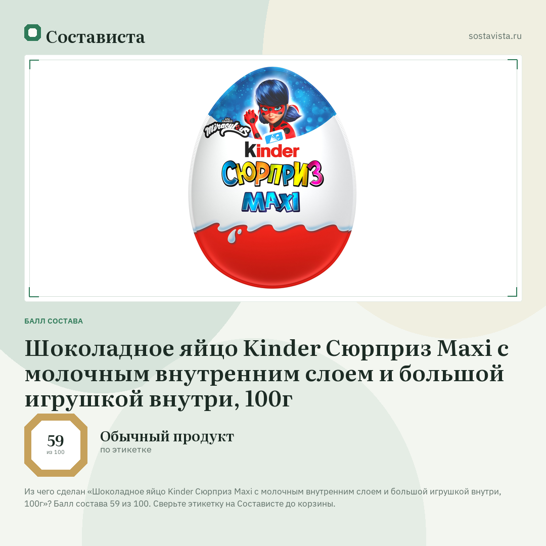 Шоколадное яйцо Kinder Сюрприз Maxi c молочным внутренним слоем и большой игрушкой внутри, 100г: балл состава 59 из 100 — Состависта
