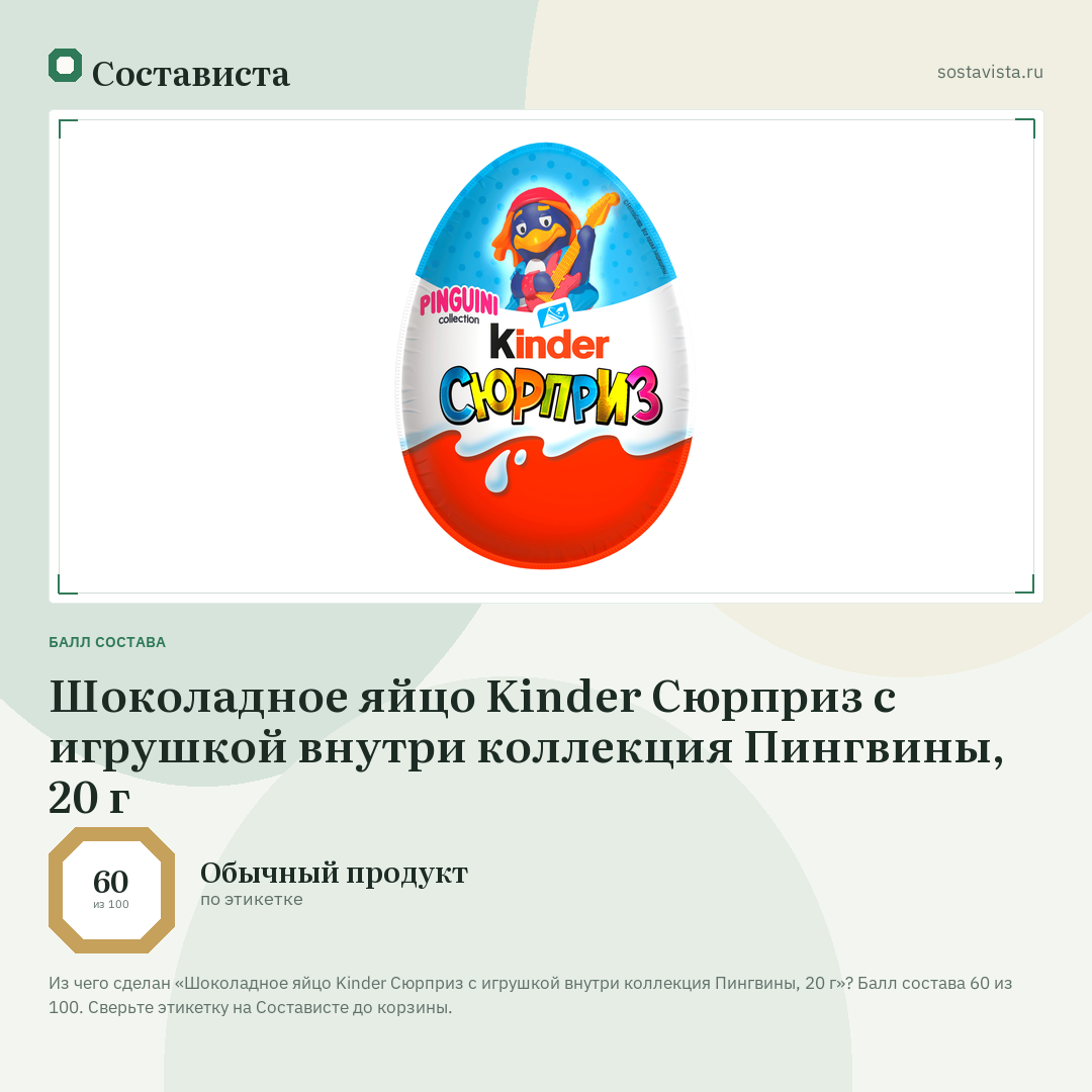 Шоколадное яйцо Kinder Сюрприз с игрушкой внутри коллекция Пингвины, 20 г: балл состава 60 из 100 — Состависта