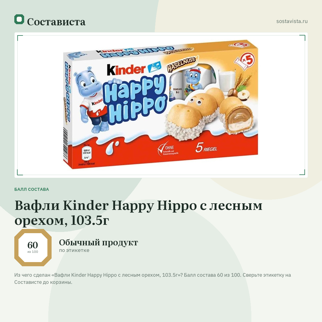 Вафли Kinder Happy Hippo с лесным орехом, 103.5г: балл состава 60 из 100 — Состависта