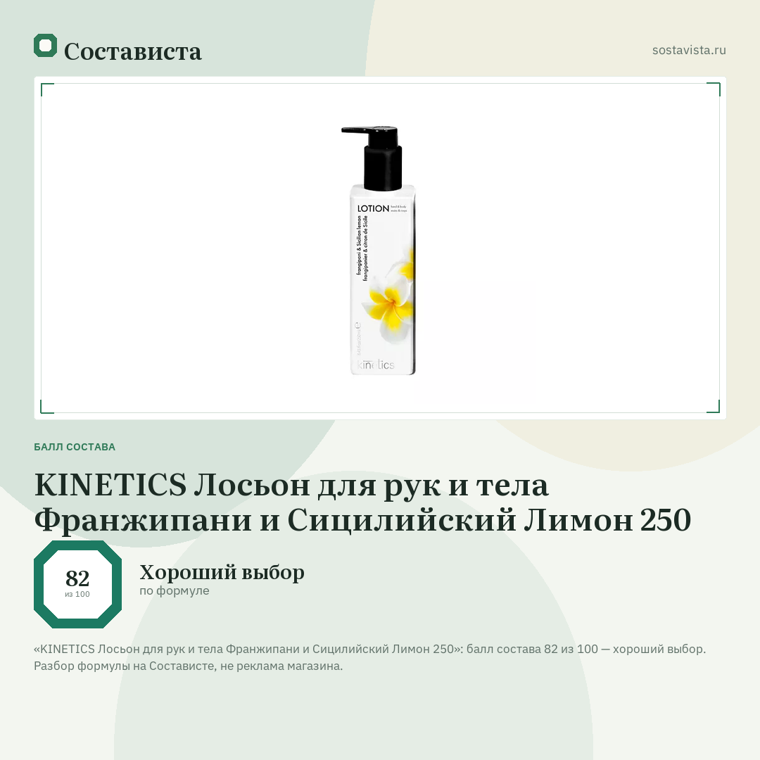 KINETICS Лосьон для рук и тела Франжипани и Сицилийский Лимон 250: балл состава 82 из 100 — Состависта