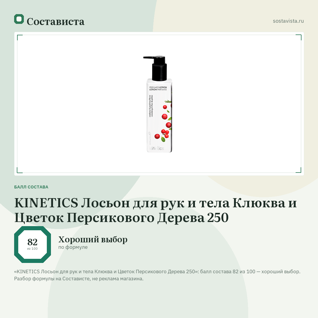 KINETICS Лосьон для рук и тела Клюква и Цветок Персикового Дерева 250: балл состава 82 из 100 — Состависта