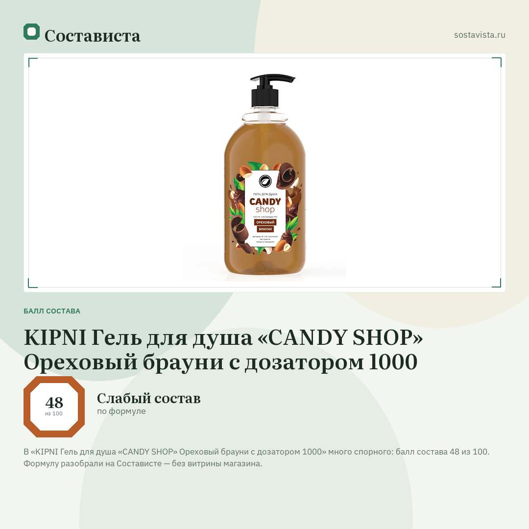 KIPNI Гель для душа «CANDY SHOP» Ореховый брауни с дозатором 1000: балл состава 48 из 100 — Состависта