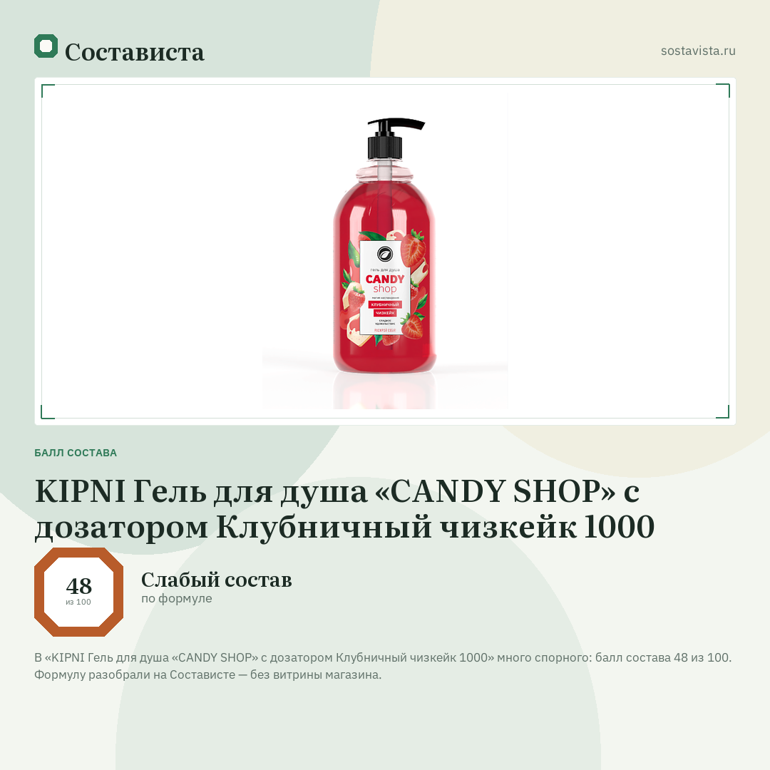 KIPNI Гель для душа «CANDY SHOP» с дозатором Клубничный чизкейк 1000: балл состава 48 из 100 — Состависта