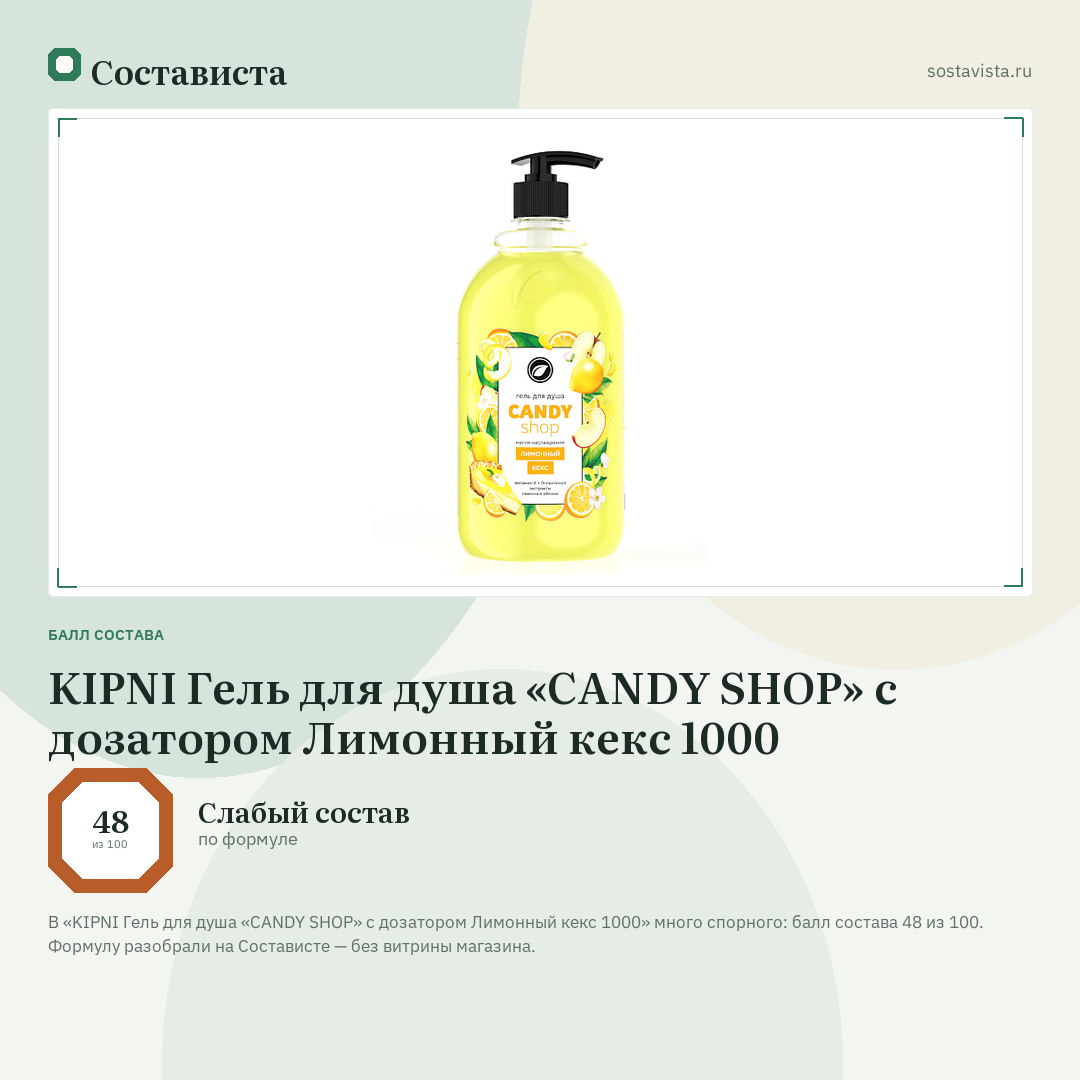 KIPNI Гель для душа «CANDY SHOP» с дозатором Лимонный кекс 1000: балл состава 48 из 100 — Состависта