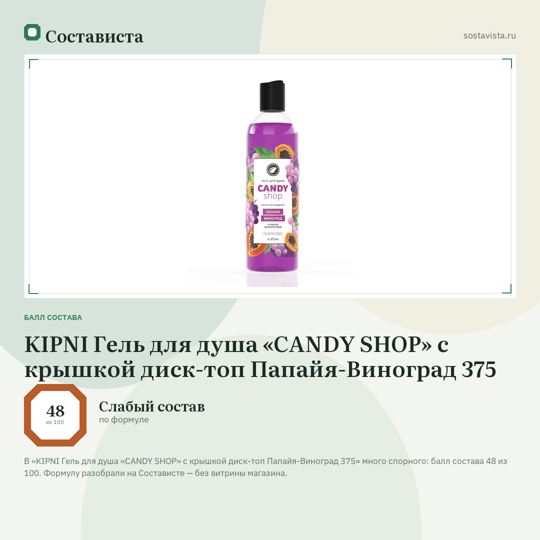KIPNI Гель для душа «CANDY SHOP» с крышкой диск-топ Папайя-Виноград 375: балл состава 48 из 100 — Состависта