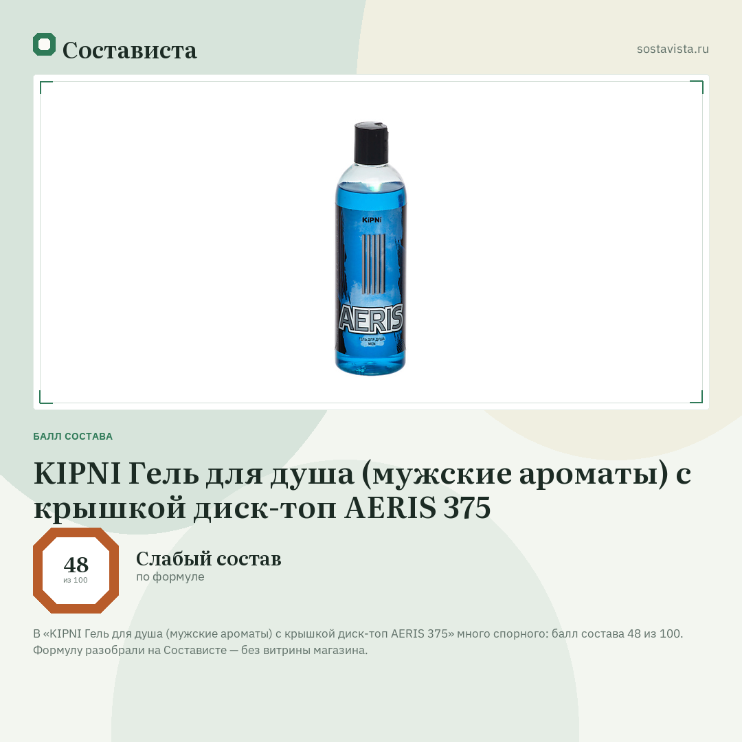 KIPNI Гель для душа (мужские ароматы) с крышкой диск-топ AERIS 375: балл состава 48 из 100 — Состависта