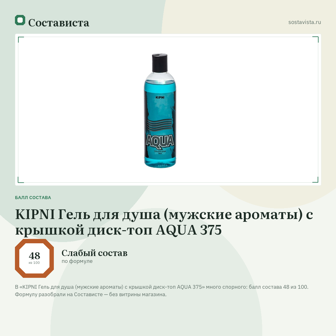 KIPNI Гель для душа (мужские ароматы) с крышкой диск-топ AQUA 375: балл состава 48 из 100 — Состависта
