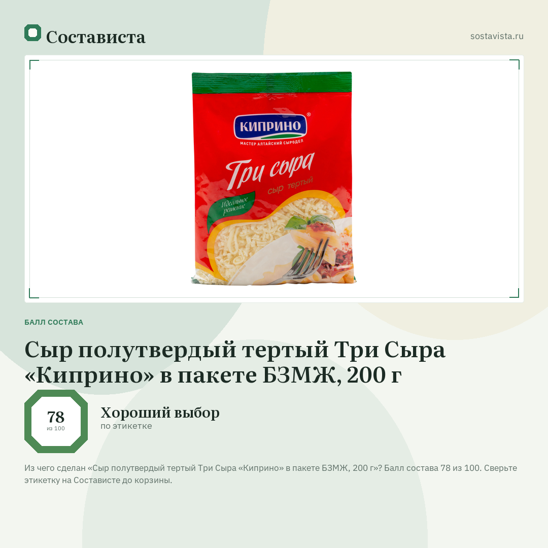 Сыр полутвердый тертый Три Сыра «Киприно» в пакете БЗМЖ, 200 г: балл состава 78 из 100 — Состависта