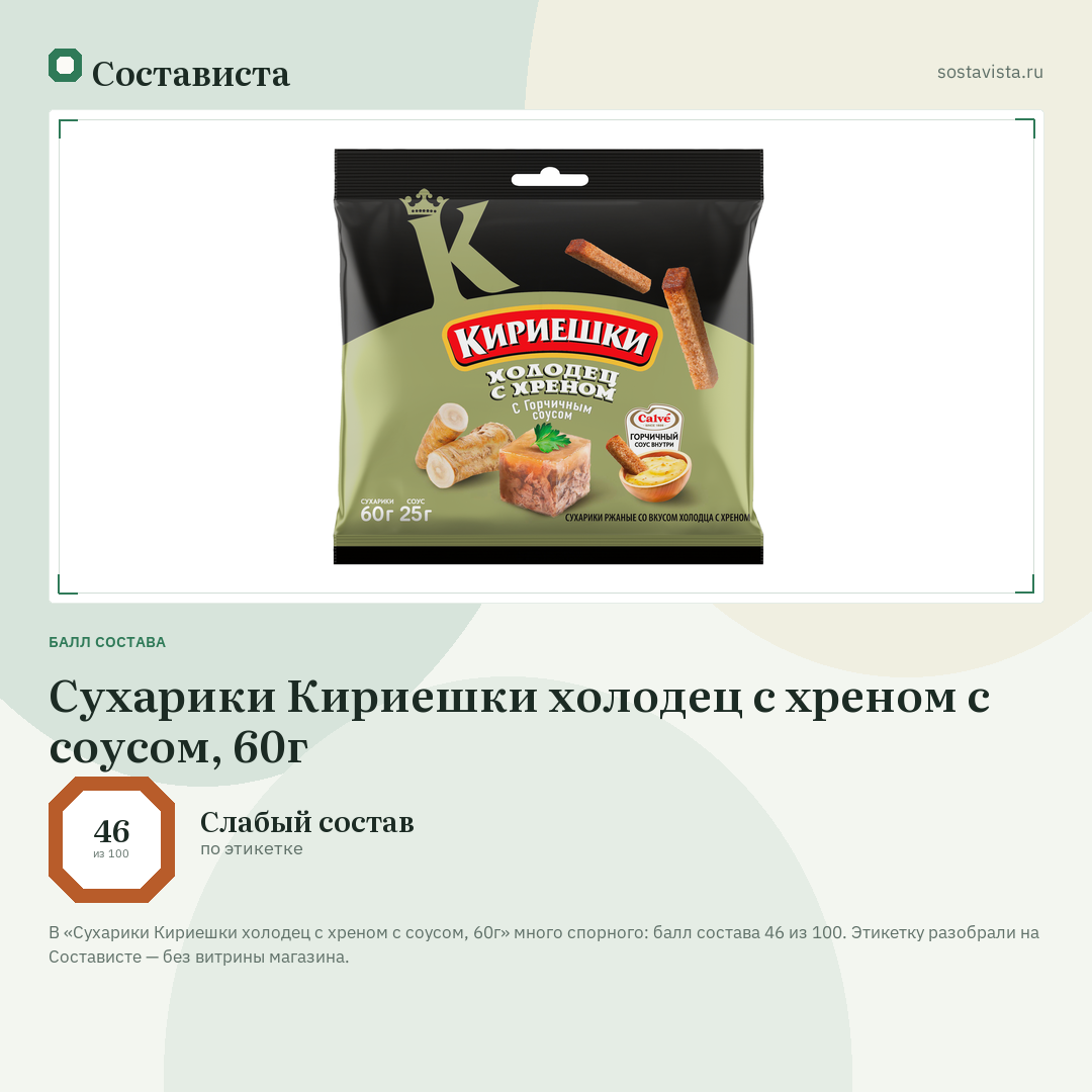 Сухарики Кириешки холодец с хреном с соусом, 60г: балл состава 46 из 100 — Состависта