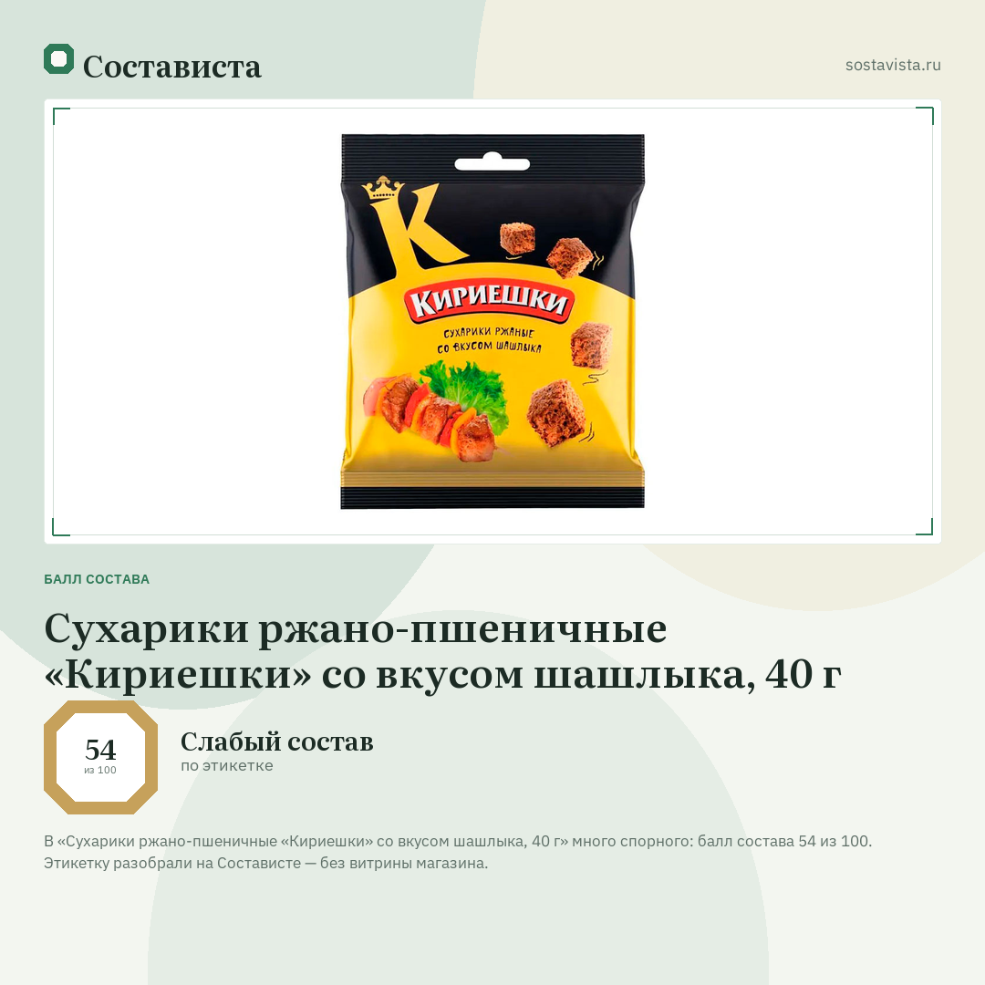 Сухарики ржано-пшеничные «Кириешки» со вкусом шашлыка, 40 г: балл состава 54 из 100 — Состависта