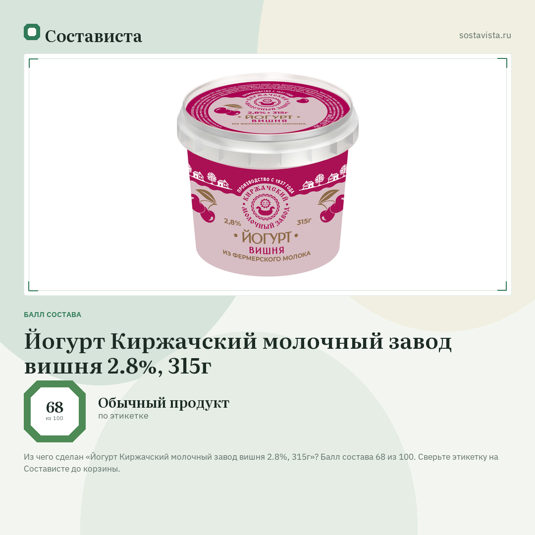 Йогурт Киржачский молочный завод вишня 2.8%, 315г: балл состава 68 из 100 — Состависта