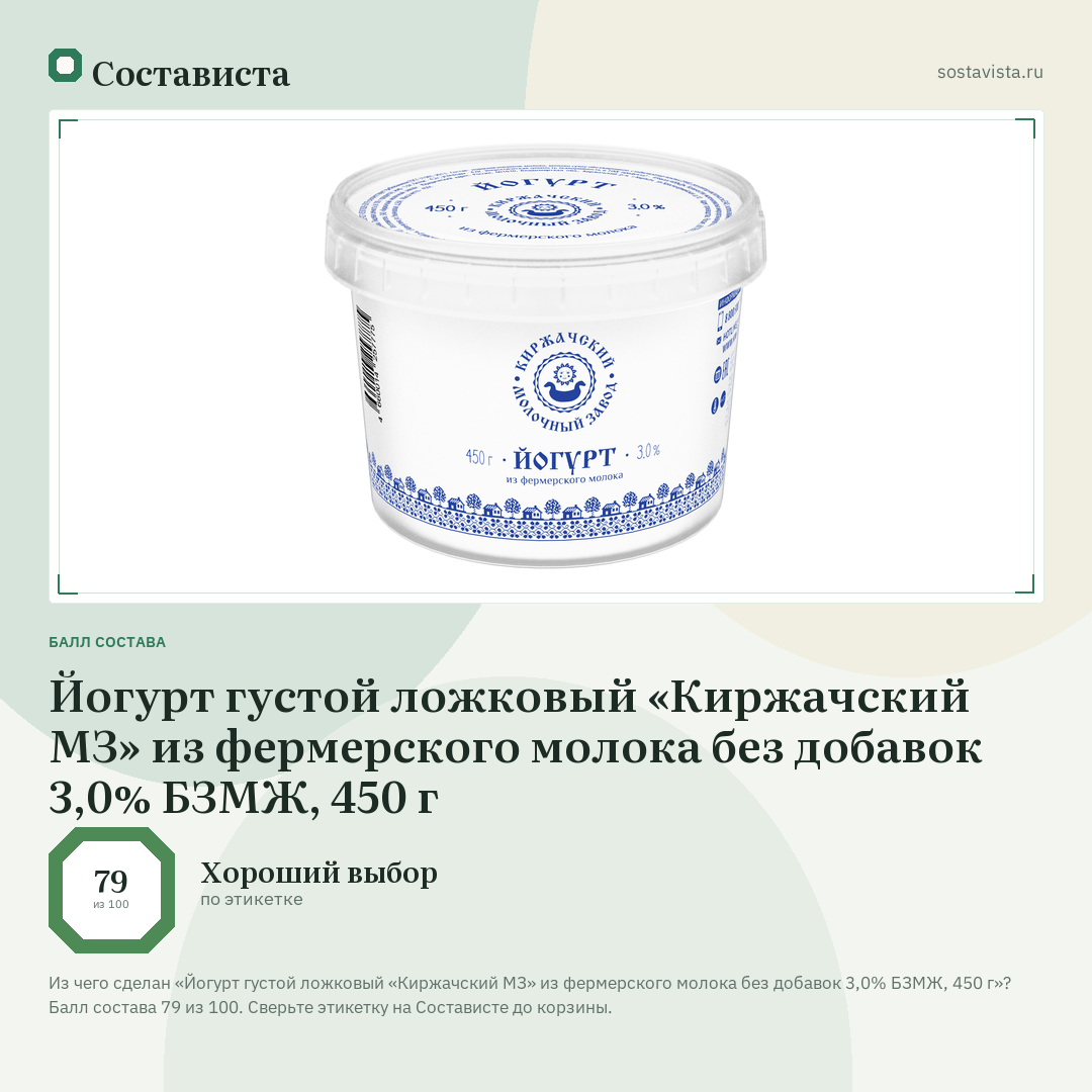 Йогурт густой ложковый «Киржачский МЗ» из фермерского молока без добавок 3,0% БЗМЖ, 450 г: балл состава 79 из 100 — Состависта