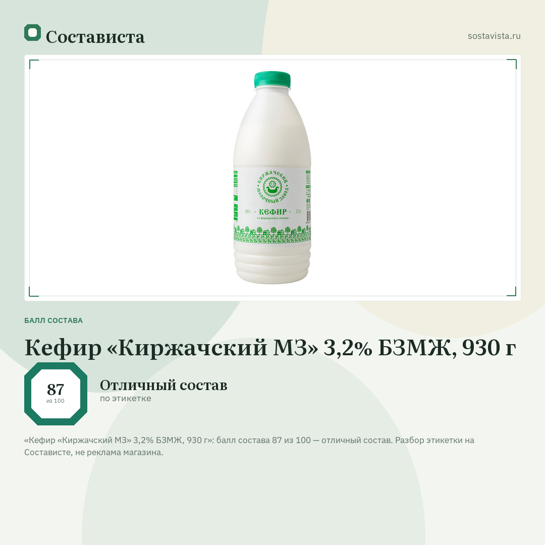 Кефир «Киржачский МЗ» 3,2% БЗМЖ, 930 г: балл состава 87 из 100 — Состависта