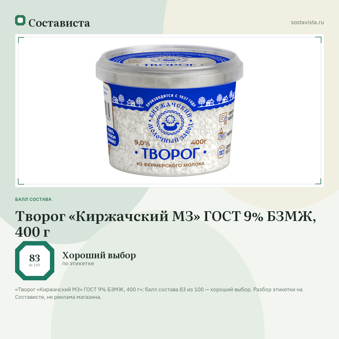 Творог «Киржачский МЗ» ГОСТ 9% БЗМЖ, 400 г: балл состава 83 из 100 — Состависта