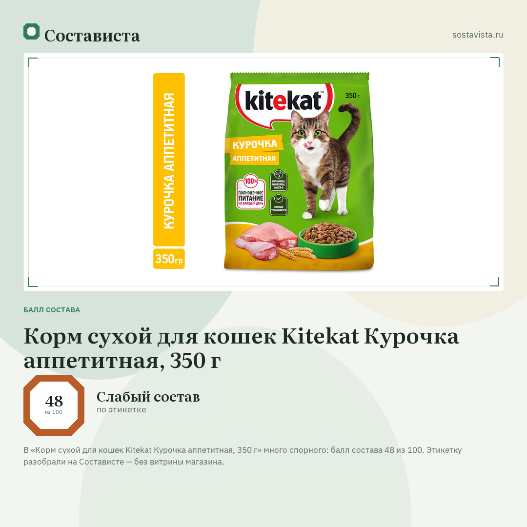 Корм сухой для кошек Kitekat Курочка аппетитная, 350 г: балл состава 48 из 100 — Состависта