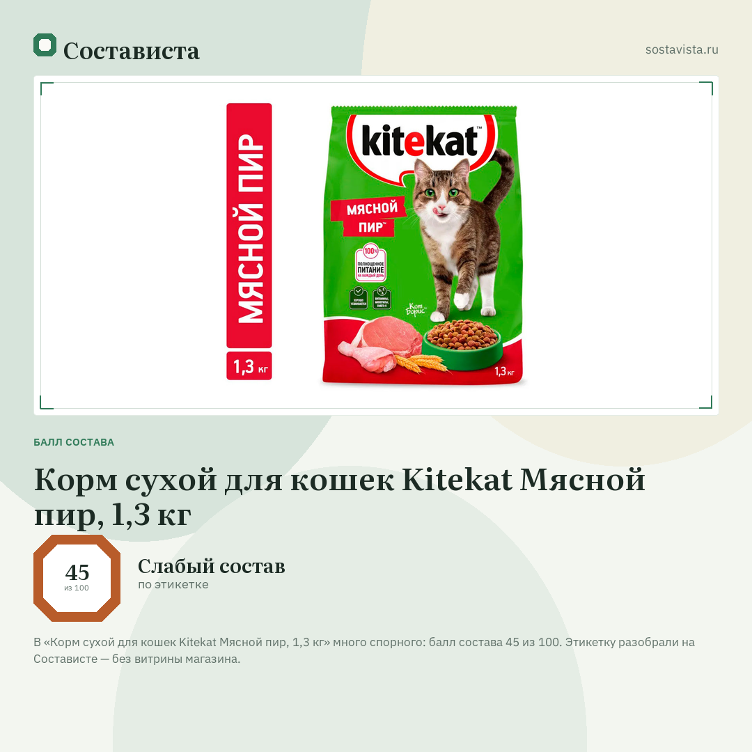 Корм сухой для кошек Kitekat Мясной пир, 1,3 кг: балл состава 45 из 100 — Состависта