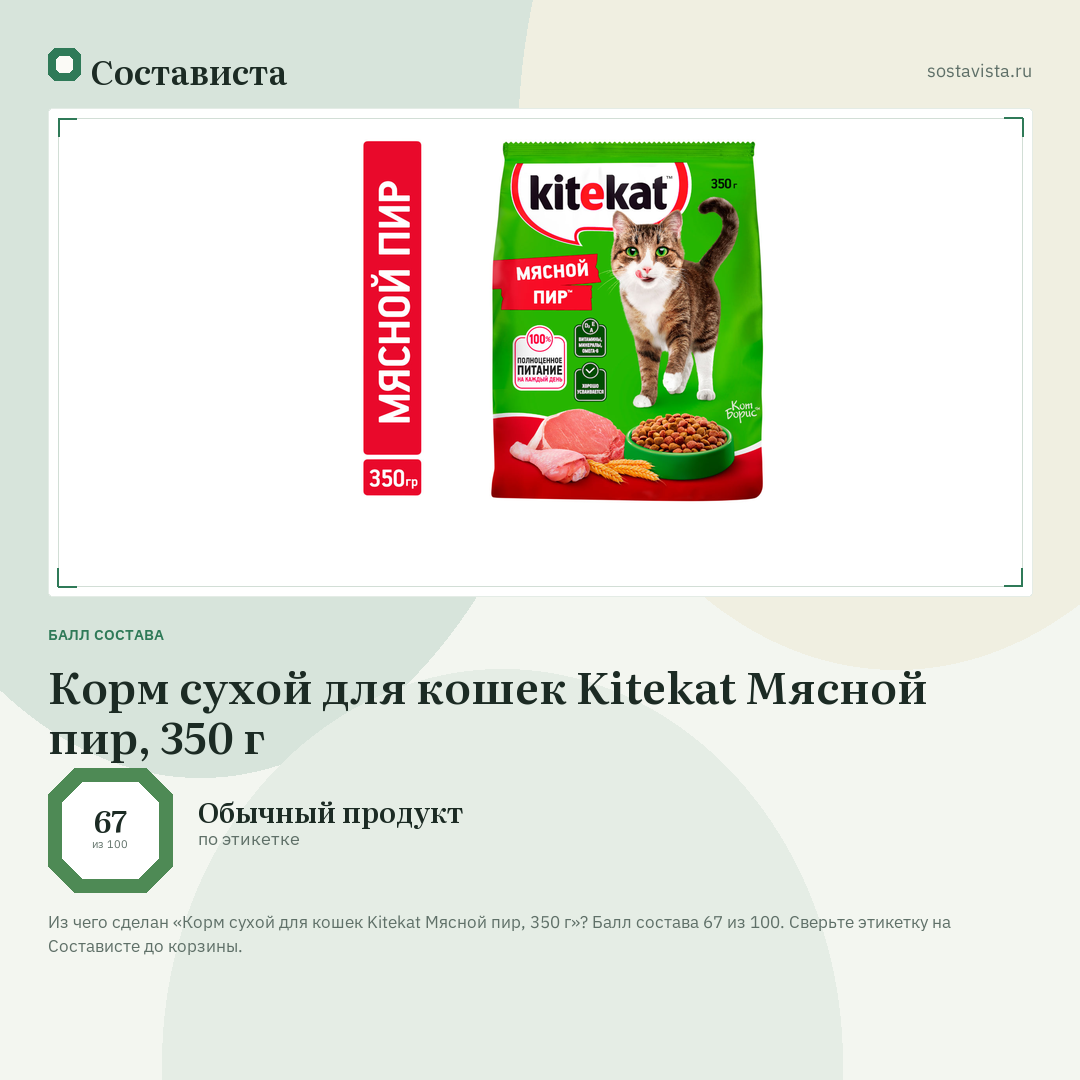 Корм сухой для кошек Kitekat Мясной пир, 350 г: балл состава 67 из 100 — Состависта