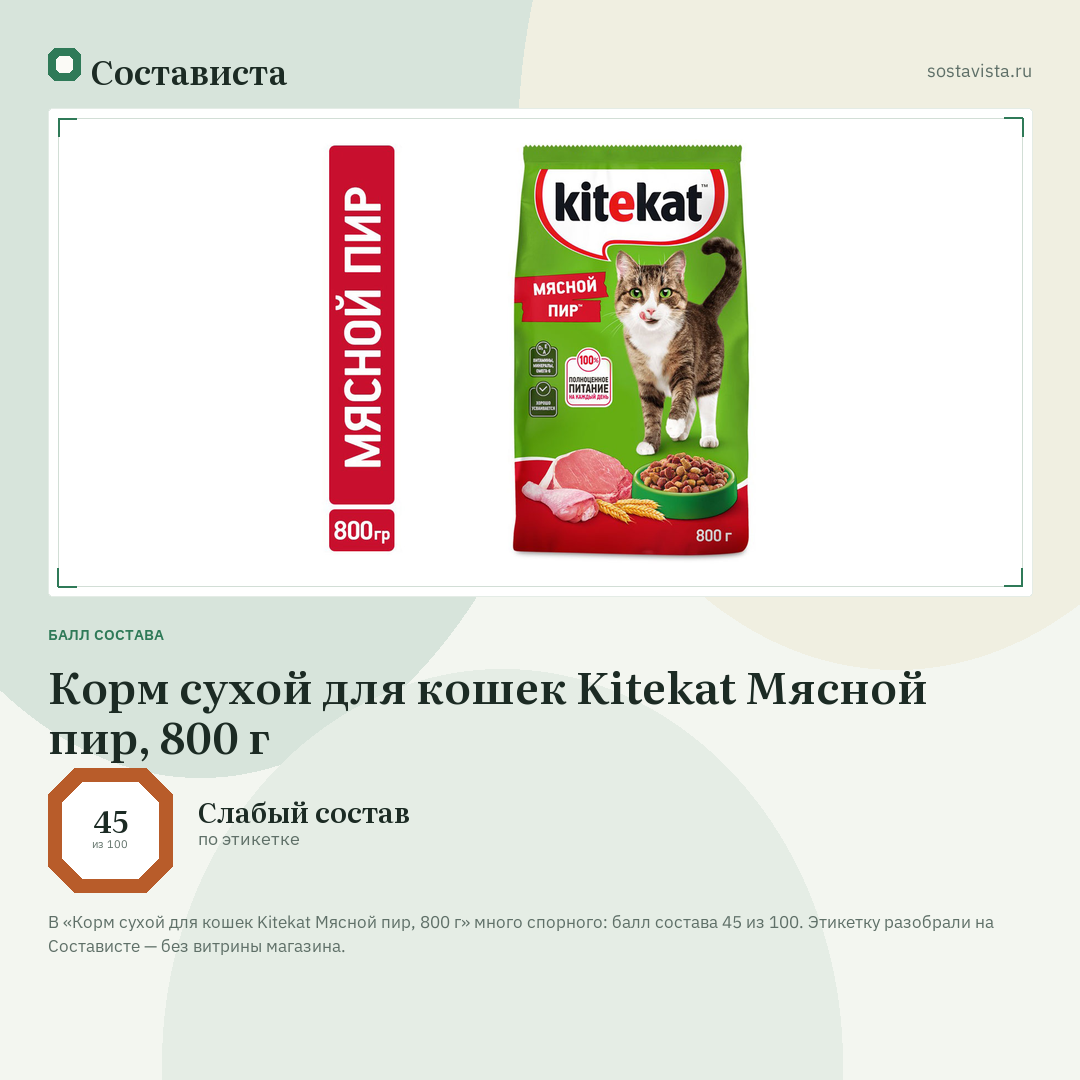 Корм сухой для кошек Kitekat Мясной пир, 800 г: балл состава 45 из 100 — Состависта