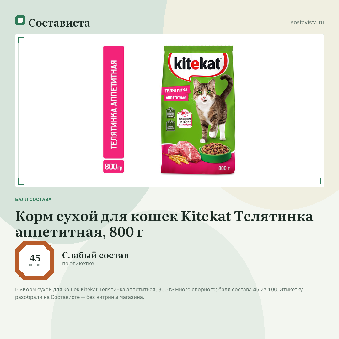Корм сухой для кошек Kitekat Телятинка аппетитная, 800 г: балл состава 45 из 100 — Состависта