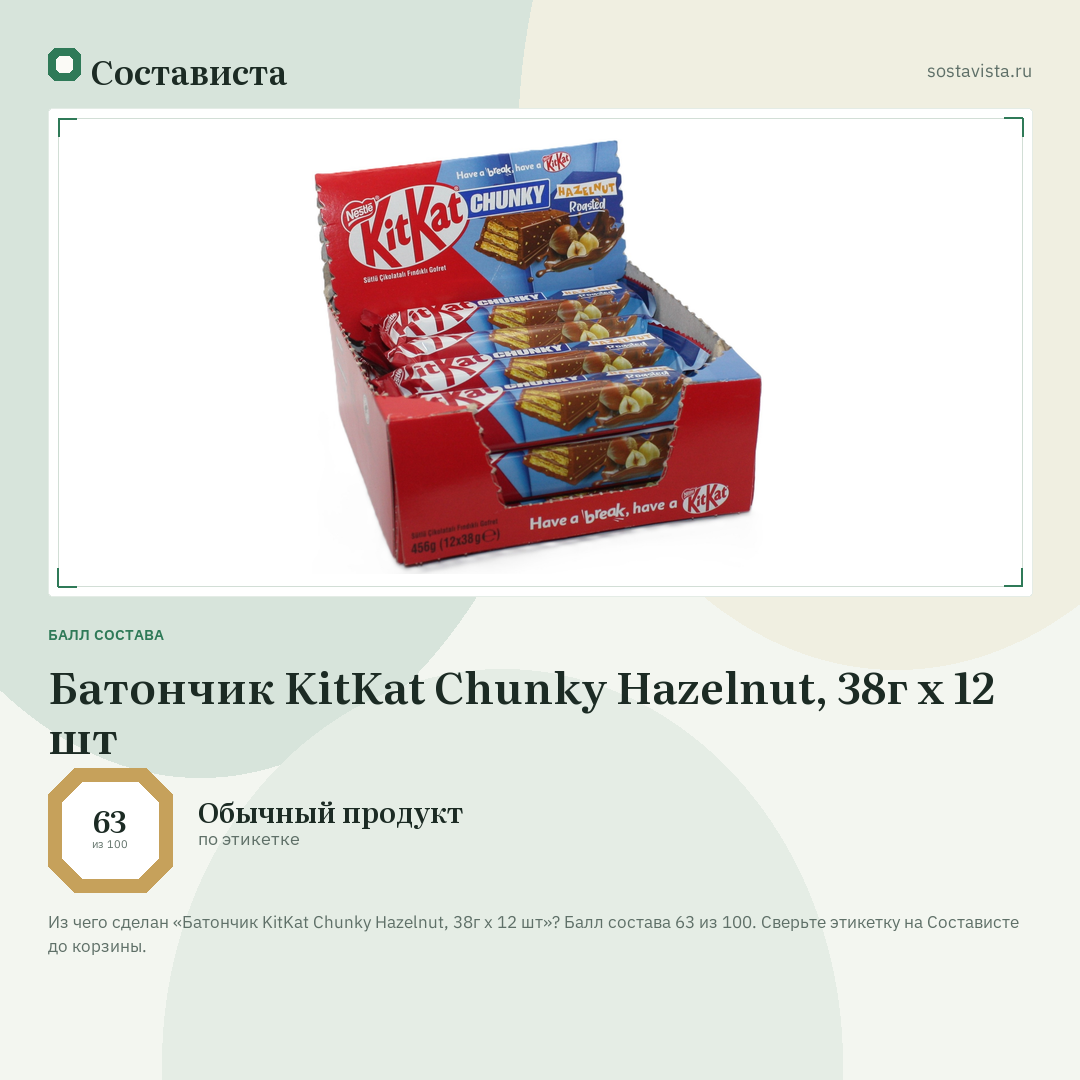 Батончик KitKat Chunky Hazelnut, 38г x 12 шт: балл состава 63 из 100 — Состависта