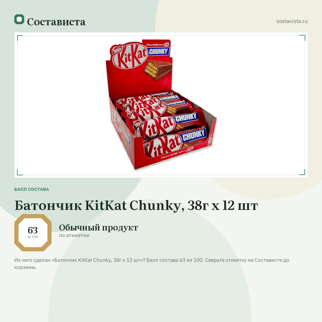 Батончик KitKat Chunky, 38г x 12 шт: балл состава 63 из 100 — Состависта