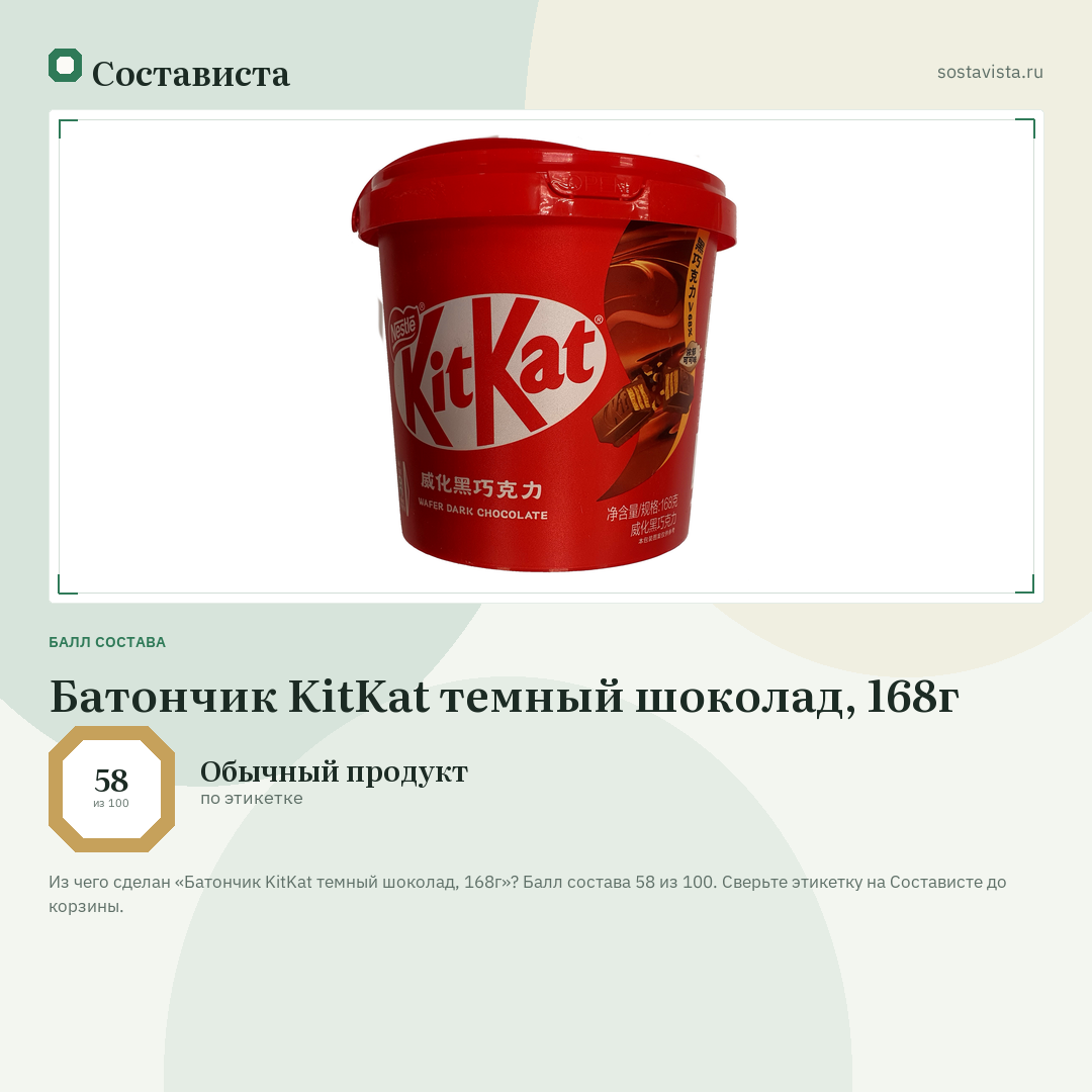 Батончик KitKat темный шоколад, 168г: балл состава 58 из 100 — Состависта