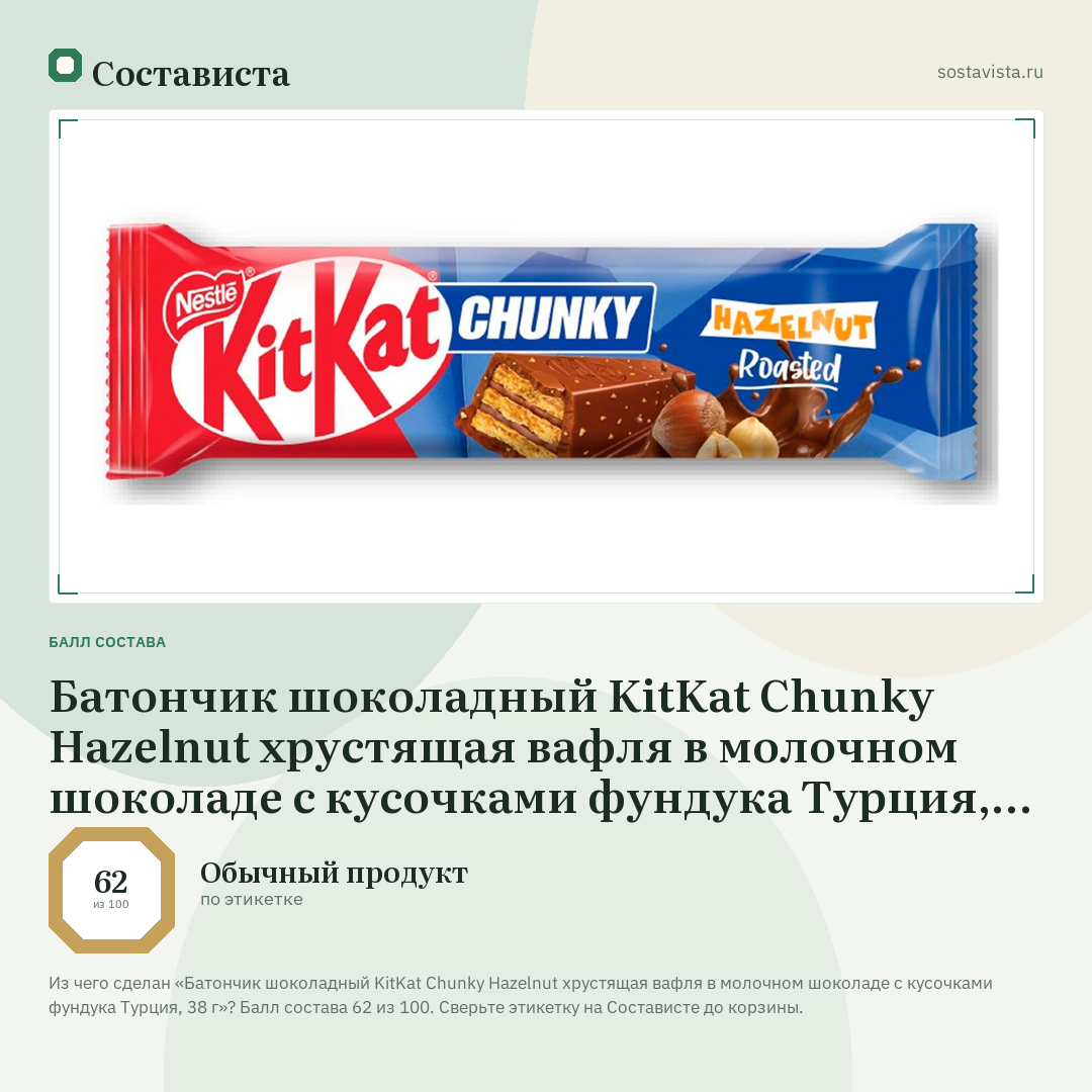 Батончик шоколадный KitKat Chunky Hazelnut хрустящая вафля в молочном шоколаде с кусочками фундука Турция, 38 г: балл состава 62 из 100 — Состависта