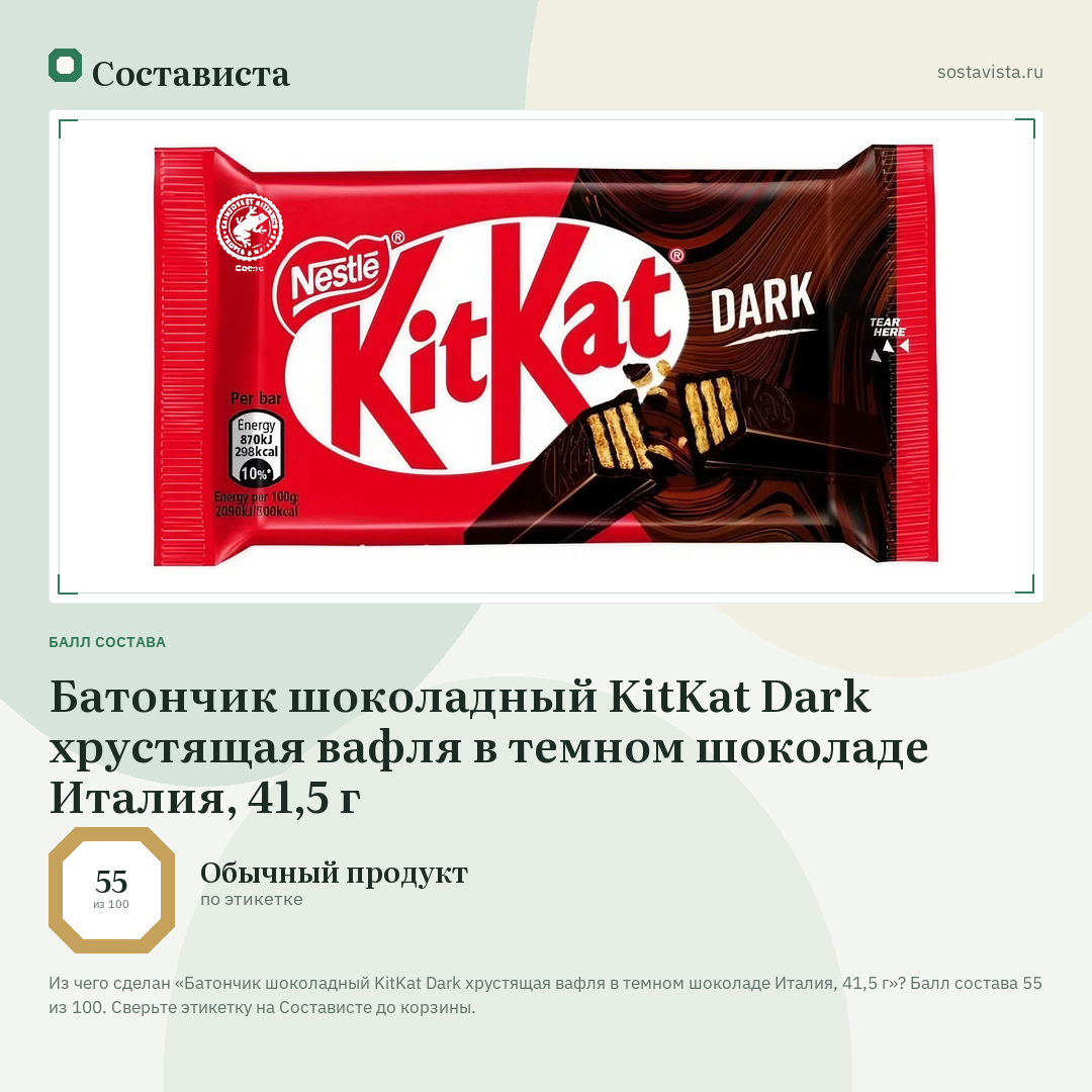 Батончик шоколадный KitKat Dark хрустящая вафля в темном шоколаде Италия, 41,5 г: балл состава 55 из 100 — Состависта