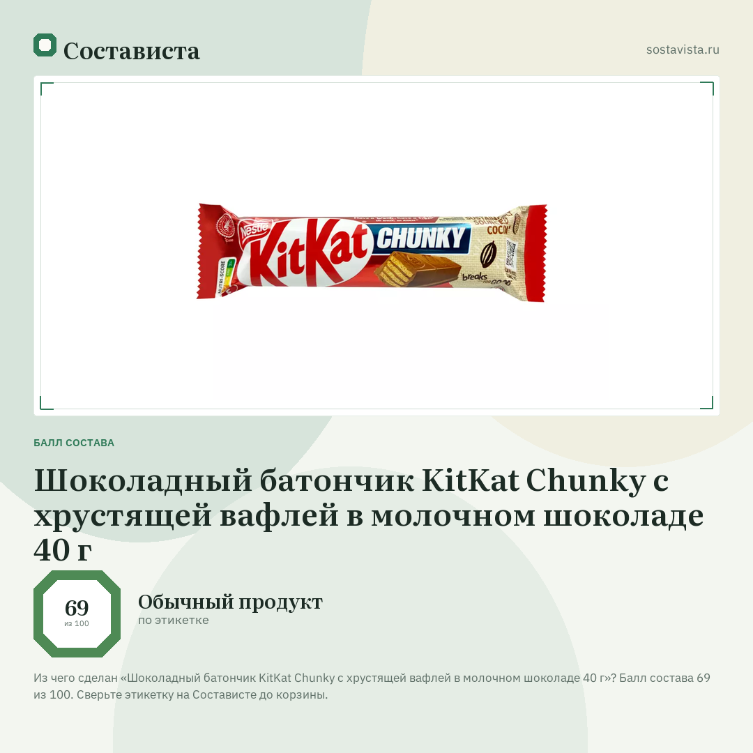Шоколадный батончик KitKat Chunky с хрустящей вафлей в молочном шоколаде 40 г: балл состава 69 из 100 — Состависта
