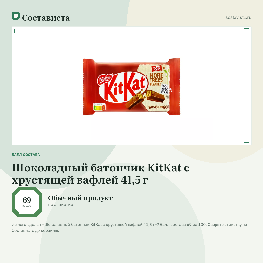Шоколадный батончик KitKat с хрустящей вафлей 41,5 г: балл состава 69 из 100 — Состависта