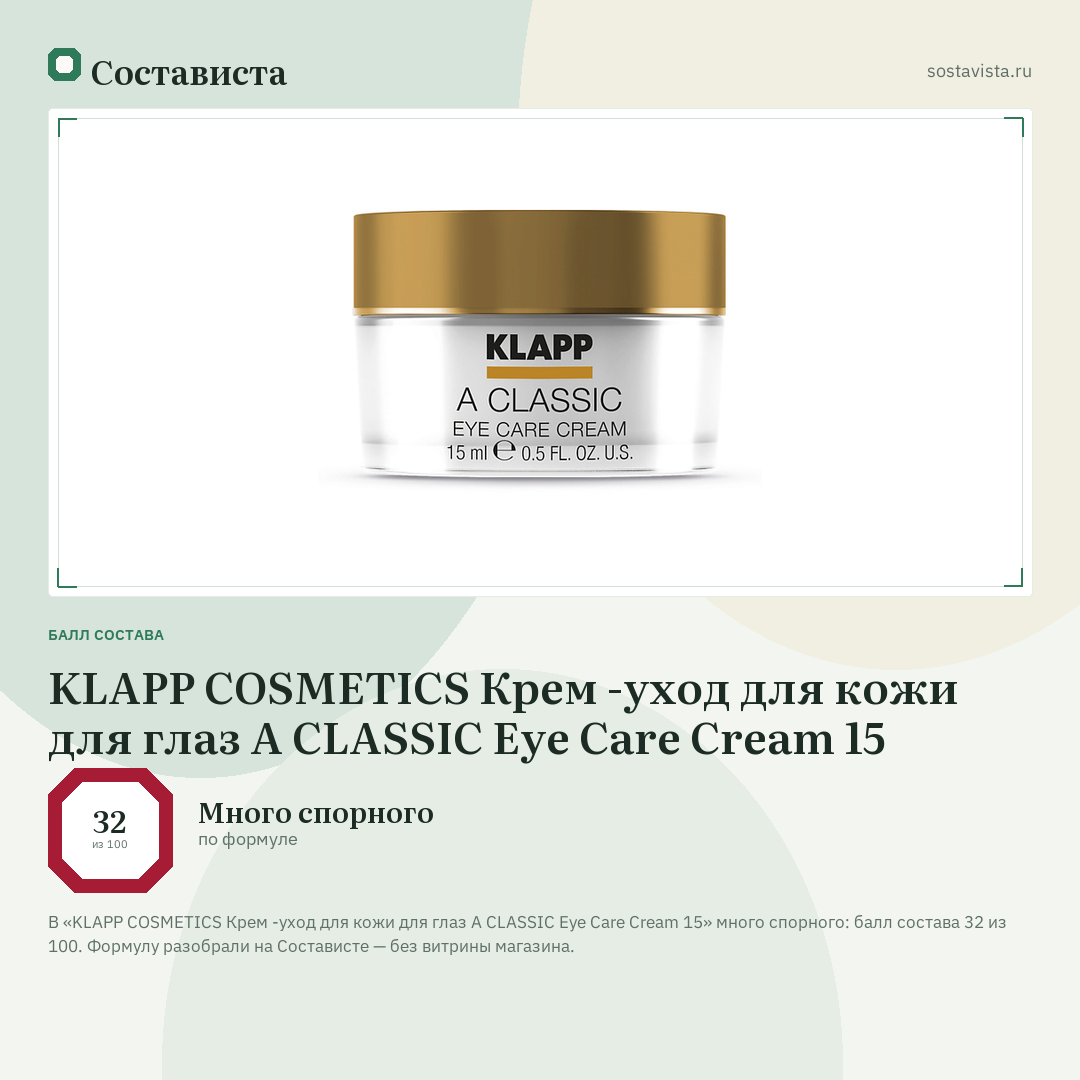 KLAPP COSMETICS Крем -уход для кожи для глаз A CLASSIC Eye Care Cream 15: балл состава 32 из 100 — Состависта