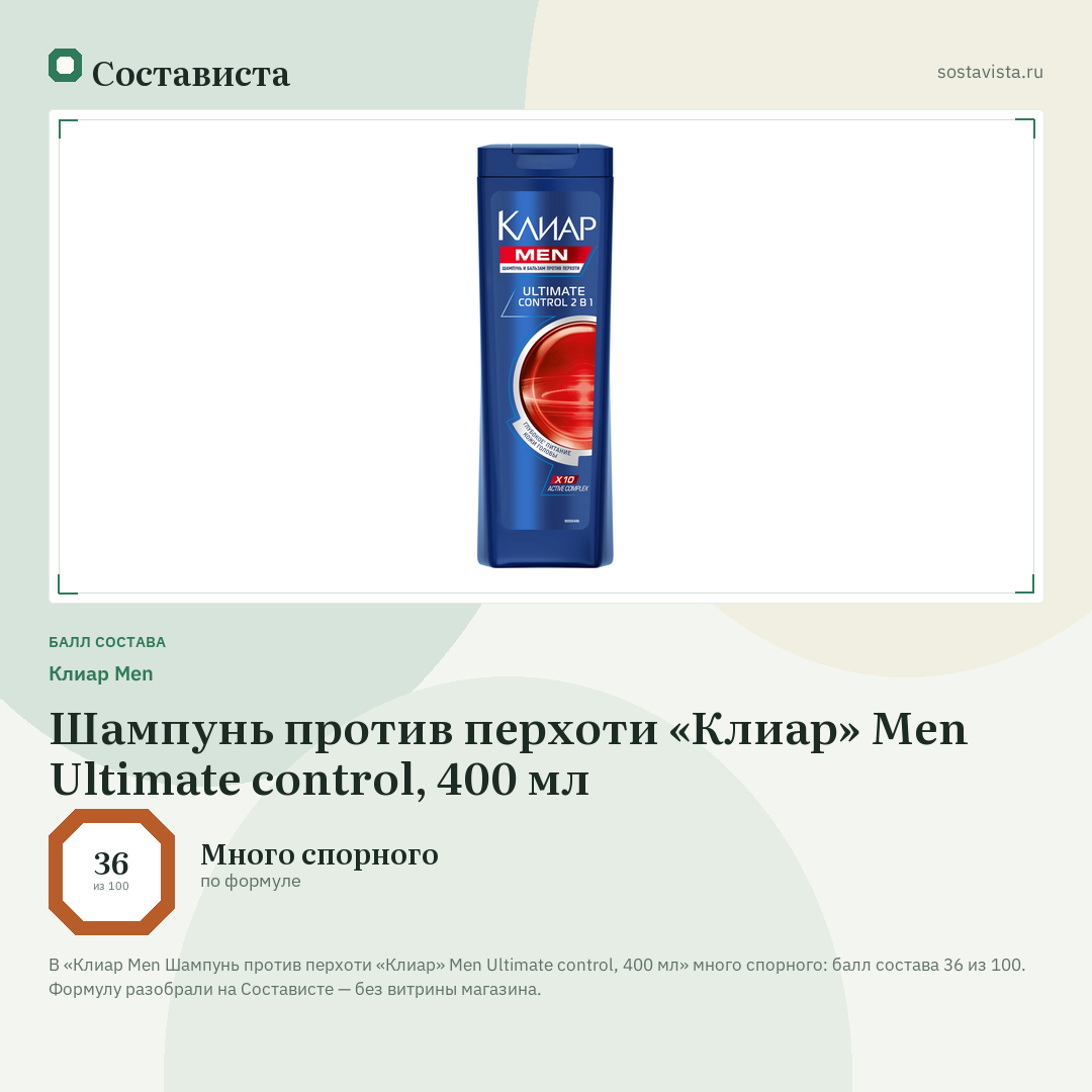 Клиар Men Шампунь против перхоти «Клиар» Men Ultimate control, 400 мл: балл состава 36 из 100 — Состависта