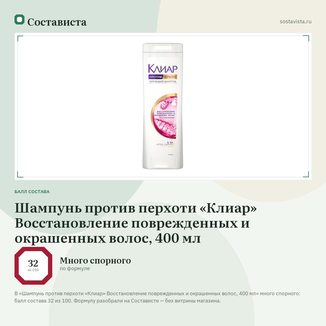 Шампунь против перхоти «Клиар» Восстановление поврежденных и окрашенных волос, 400 мл: балл состава 32 из 100 — Состависта