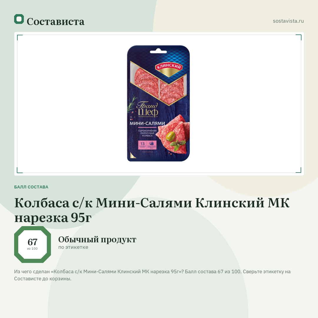 Колбаса с/к Мини-Салями Клинский МК нарезка 95г: балл состава 67 из 100 — Состависта