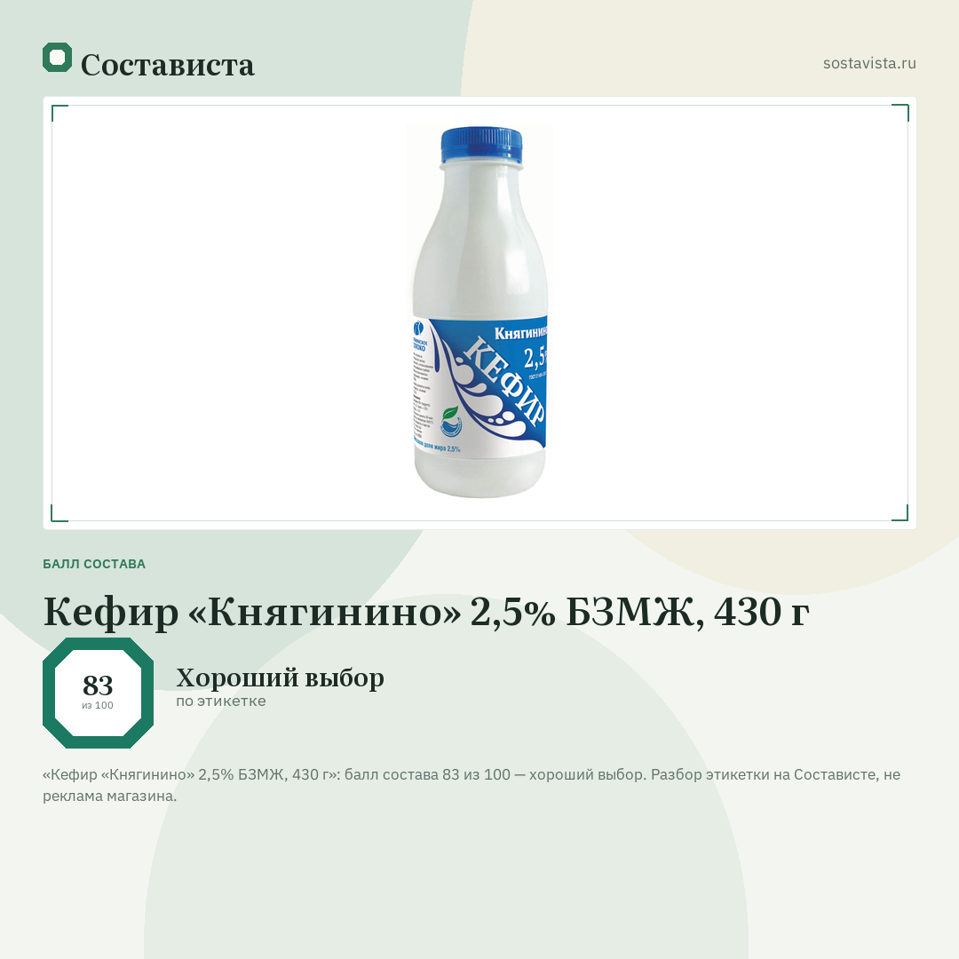 Кефир «Княгинино» 2,5% БЗМЖ, 430 г: балл состава 83 из 100 — Состависта